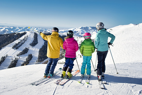 Date: March 2018 Photo Credit: Courtesy Sun Valley Resort Photographer: © Hillary Maybery Photo Caption: Family ski day on Bald Mountain!